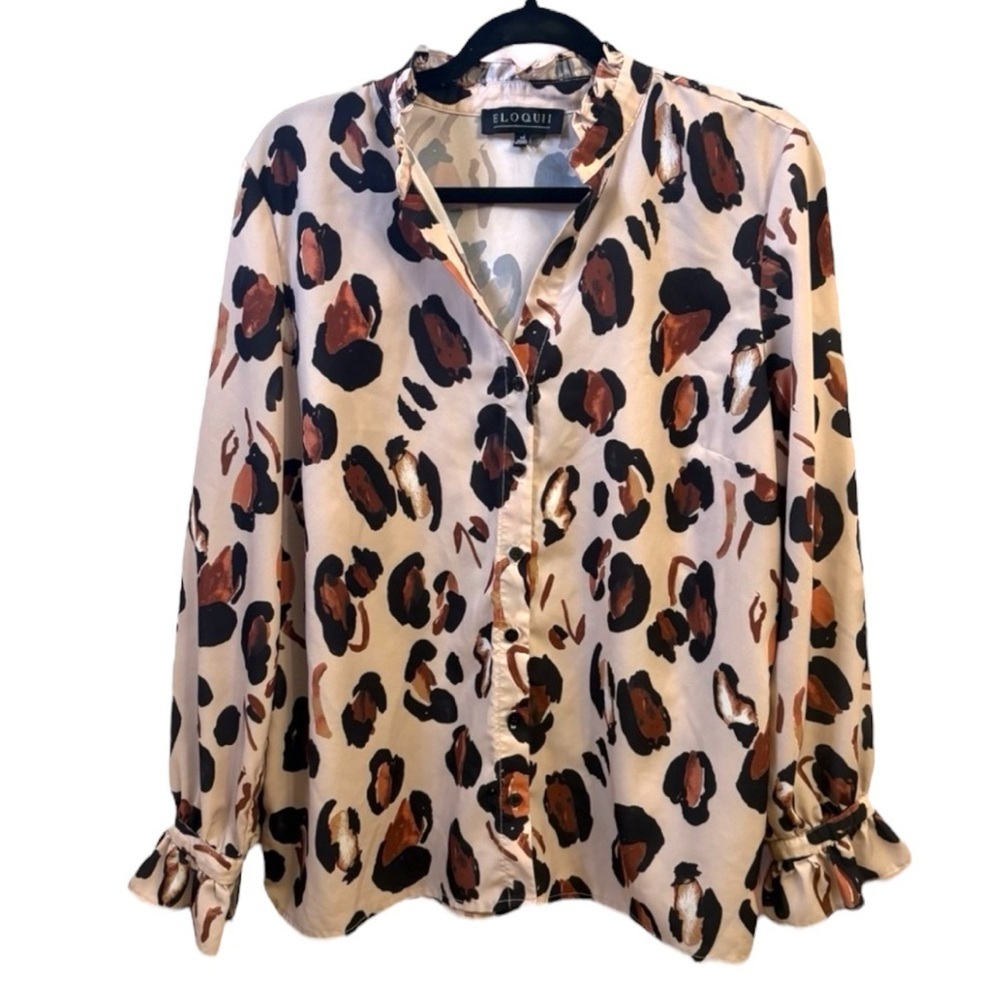 Eloquii Black and Brown Blouse with Mandarin Collar and Buttoned Style